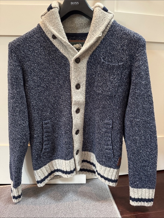 Roots Other - Roots Navy and Cream Shawl-Collar Cardigan with Brown Elbow Patches